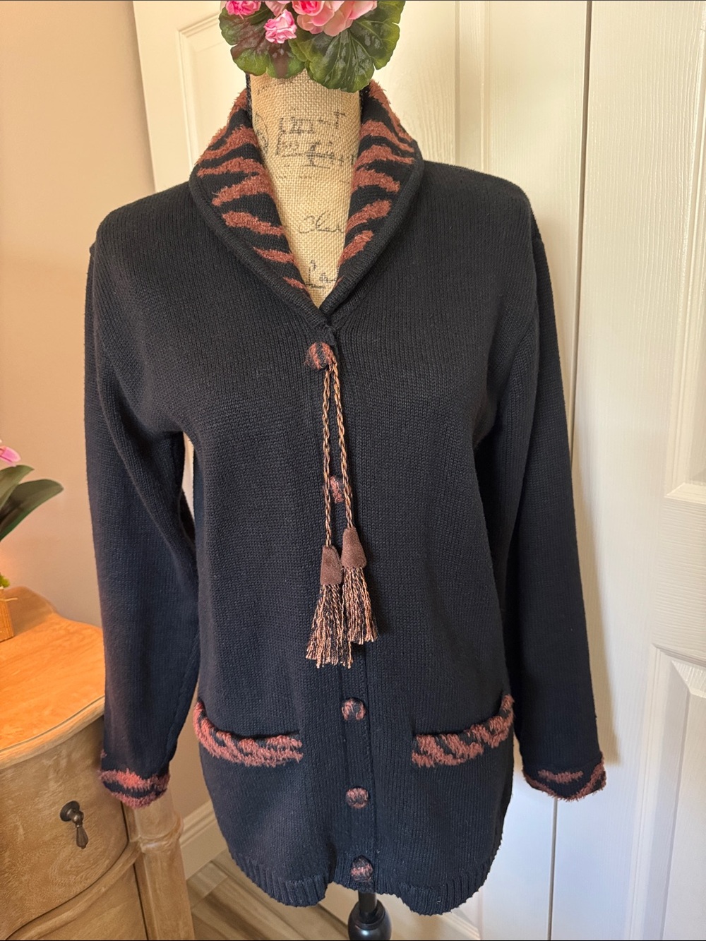 Vintage Story Book Knit Black & Brown Animal-Trim Shawl Collar Cardigan Sweater